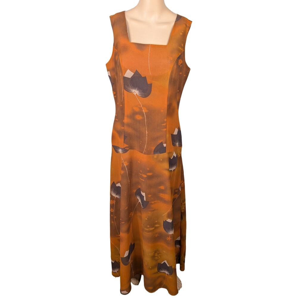 Vtg 70s Brown Burnt Orange Abstract Floral Artsy A-line Maxi Dress SZ L